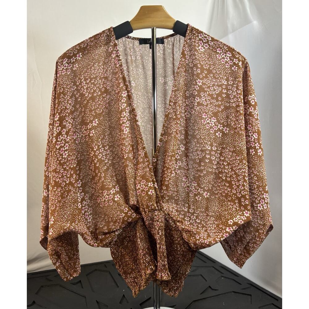 Lulu's Brown Floral Tie-Front Blouse with Pink Accents